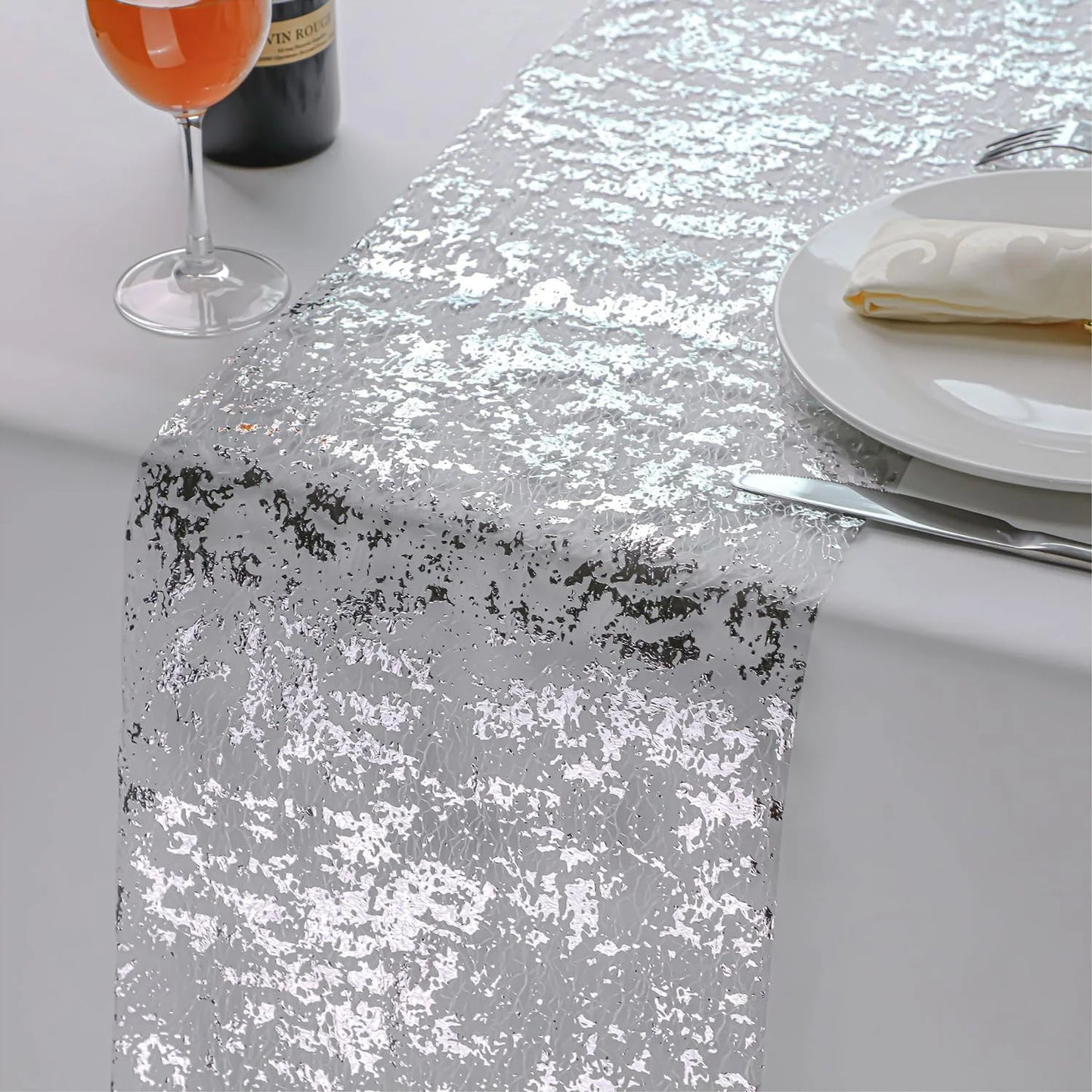 2Pcs 11*108" Gold Table Runner Sequin Glitter Foil Metallic Thin Mesh Tablecloth for Banquet Christmas Table Decor(Silver)
