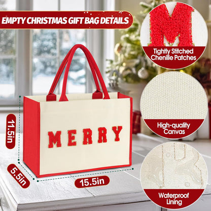 15.5" Reusable Canvas Christmas Gift Bags with Handles - Red Holiday Design