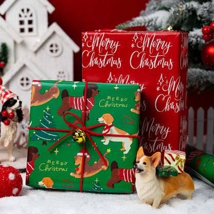Christmas Wrapping Paper Roll - Green Gift Wrap with Christmas Dog, Christmas Tree, Bowknot - Perfect for Christmas - 17 Inch X 33 Feet