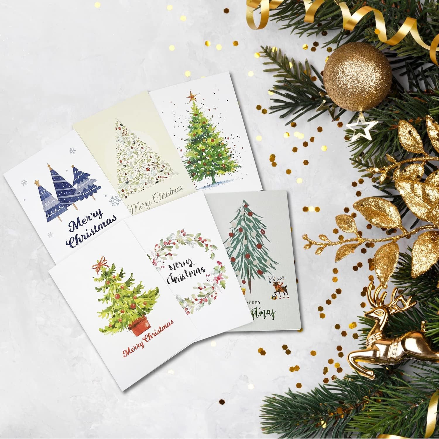 Christmas Cards Boxed, Set of 24 Holiday Cards, Christmas Tree, Santa Claus, Reindeers, 12 Unique Designs Greeting Cards - 4X6"