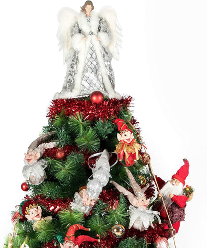 16 Inches Angel Tree Topper with Shiny Sequins Luxury Dress, Christmas Treetop Flying Angel Winged Diva Fairy Goddess Figurine Holiday Ornament, Silver Grey