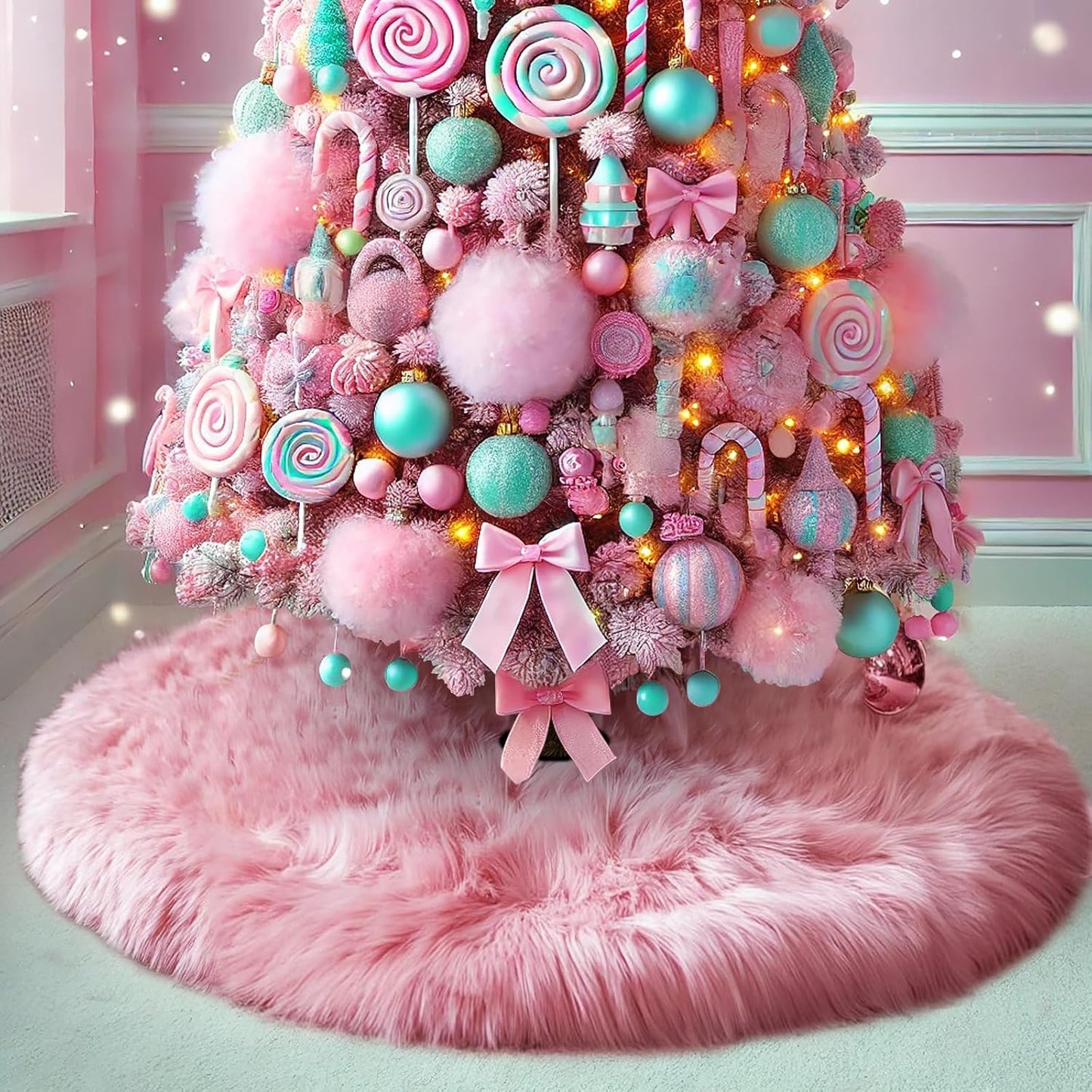 Pink Christmas Tree Skirt Fur,48 Inches Large Fuzzy Fur Candy Tree Skirt Rug Pink Christmas Halloween Decor&Ornaments for 7-7.5Ft Christmas Trees