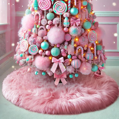 Pink Christmas Tree Skirt Fur,48 Inches Large Fuzzy Fur Candy Tree Skirt Rug Pink Christmas Halloween Decor&Ornaments for 7-7.5Ft Christmas Trees