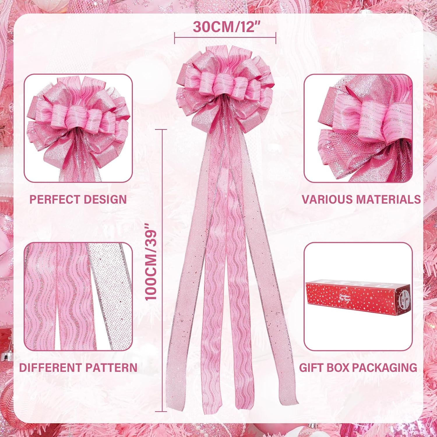 Christmas Tree Topper, 32X12 Inches Large Toppers Bow with Glitter Satin Mesh Streamer, Pink Christmas Tree Topper for Christmas Home Decoration (Pink),Circle Tree Topper