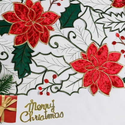 Christmas Table Runner Decorations Red Poinsettia Embroidered 36 Inches Long Flower Table Decor Applique Cutwork Holiday Festive Short Table Decorations, 13X36 Inch