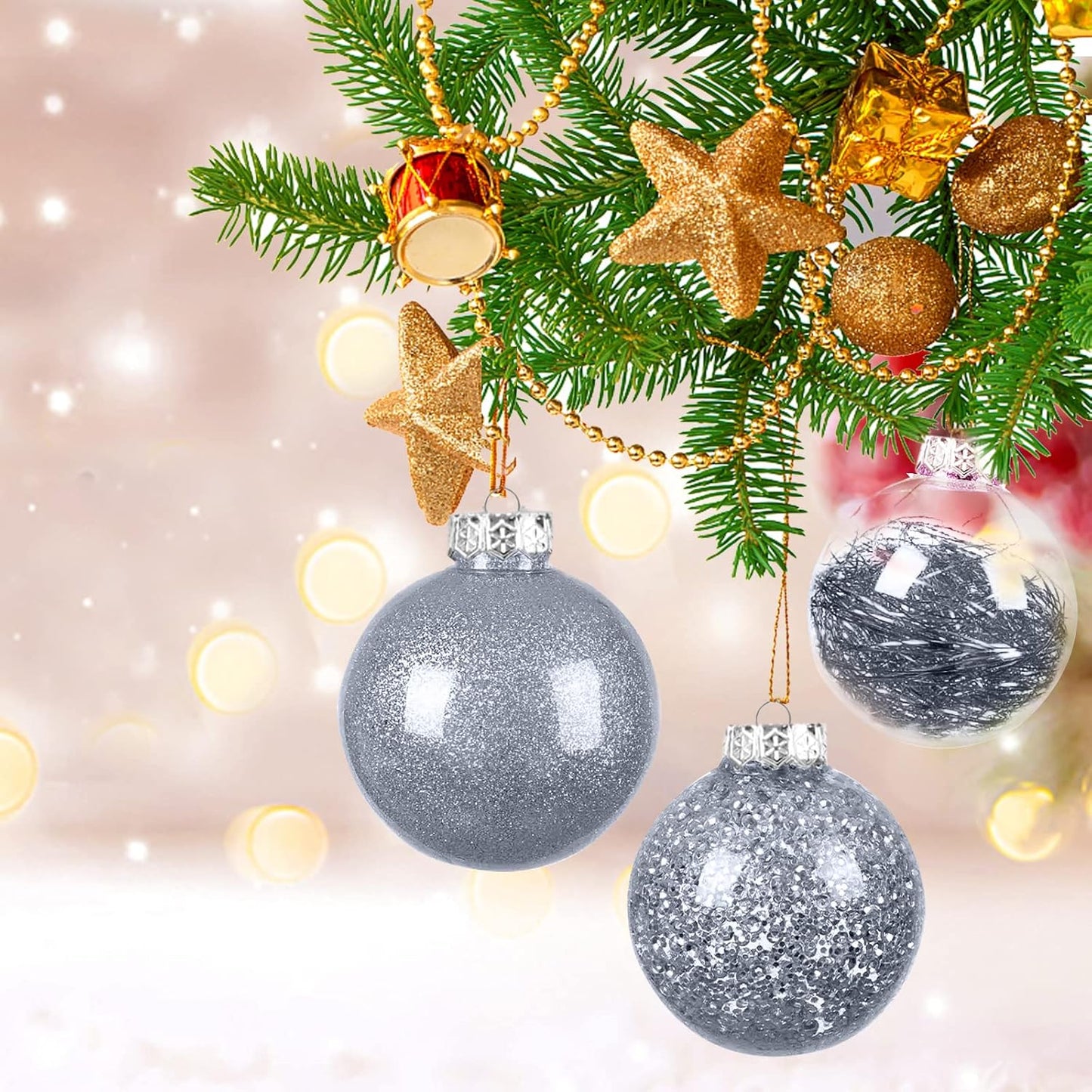 24 Pcs Christmas Decorations Ornaments, 4 Styles Sliver Christmas Tree Balls, 2.76 Inches Shatterproof Ornaments Set for Outdoor Indoor Holiday Wedding Party