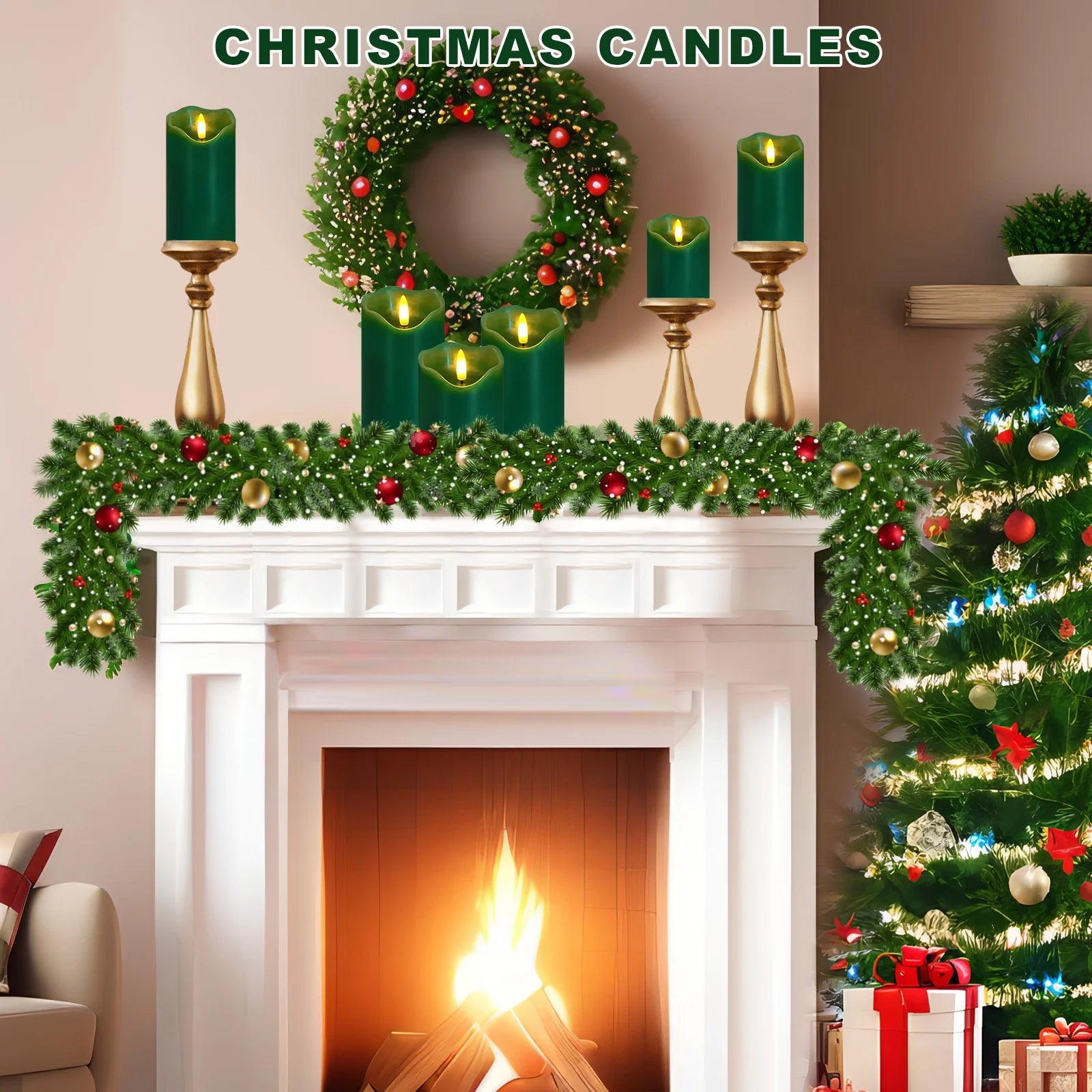 Flameless Candles Lights, Set of 3 Green Flickering LED Candles with Remote & Timer, Dimmable LED Pillar Candles Battery Operated, Electric Candles for Halloween Thanksgiving Christmas Decor