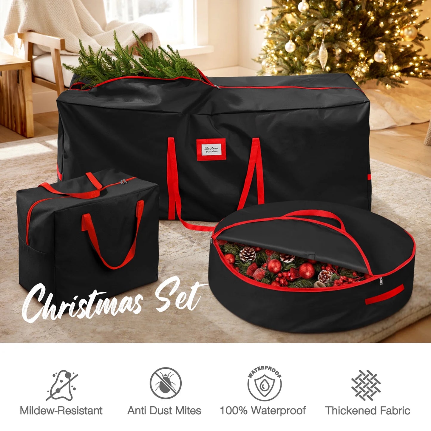 3Pcs Christmas Tree Storage Bag, Christmas Tree Bag for 7.5 FT Artificial Trees, Durable Waterproof with Reinforced Carrying Handles (Black)