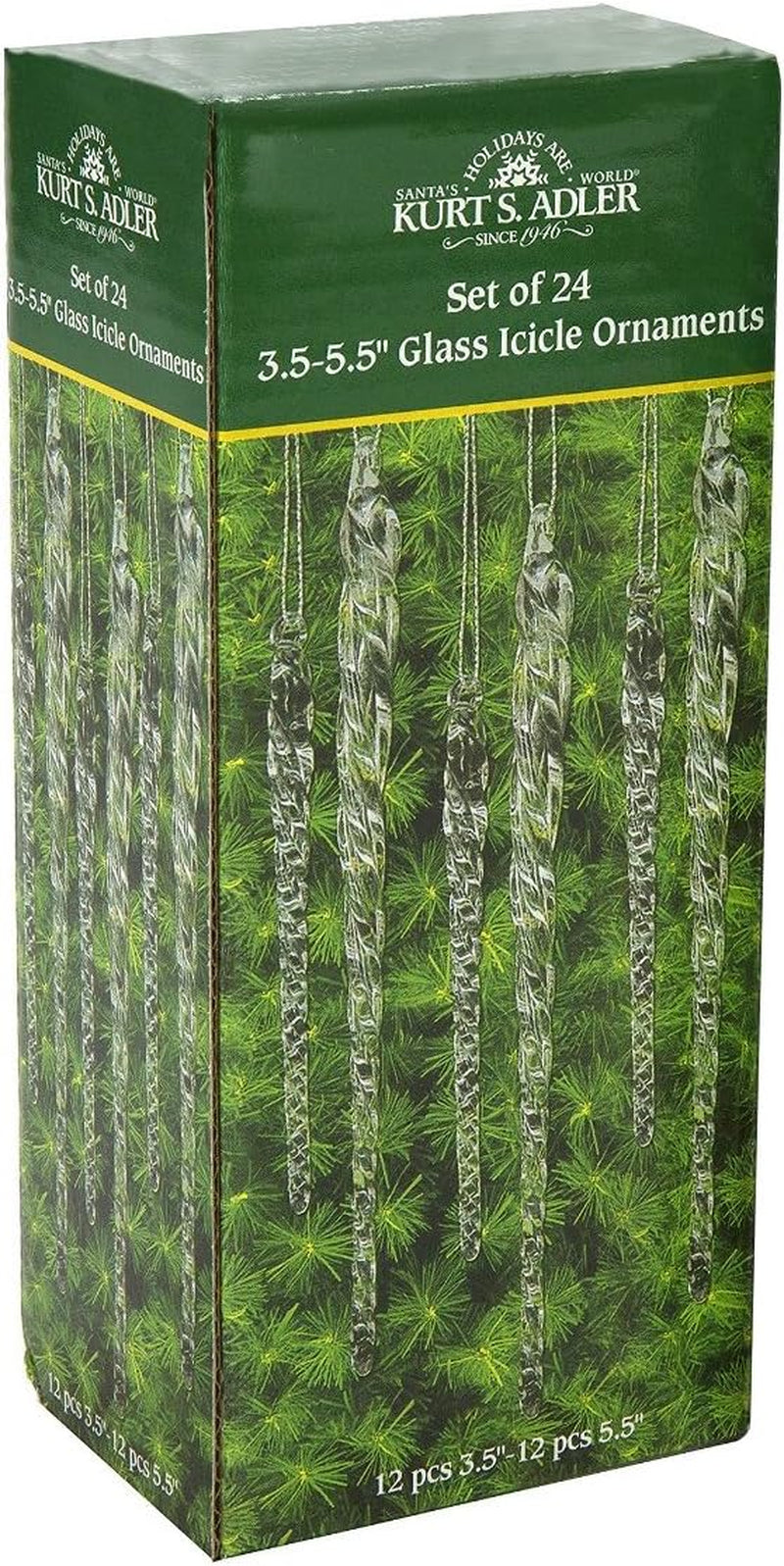 Kurt Adler 3.5-5.5 Inch Clear Glass Icicle Ornament Set of 24 Pieces