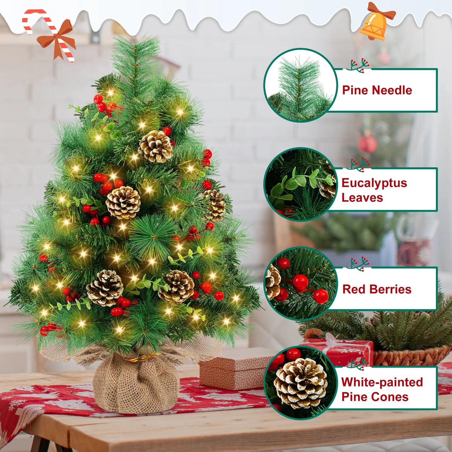 2PCS Pre-Lit Artificial Mini Christmas Tree,30 Inch Small Tabletop Xmas Tree for Indoor Outdoor Christmas Decor