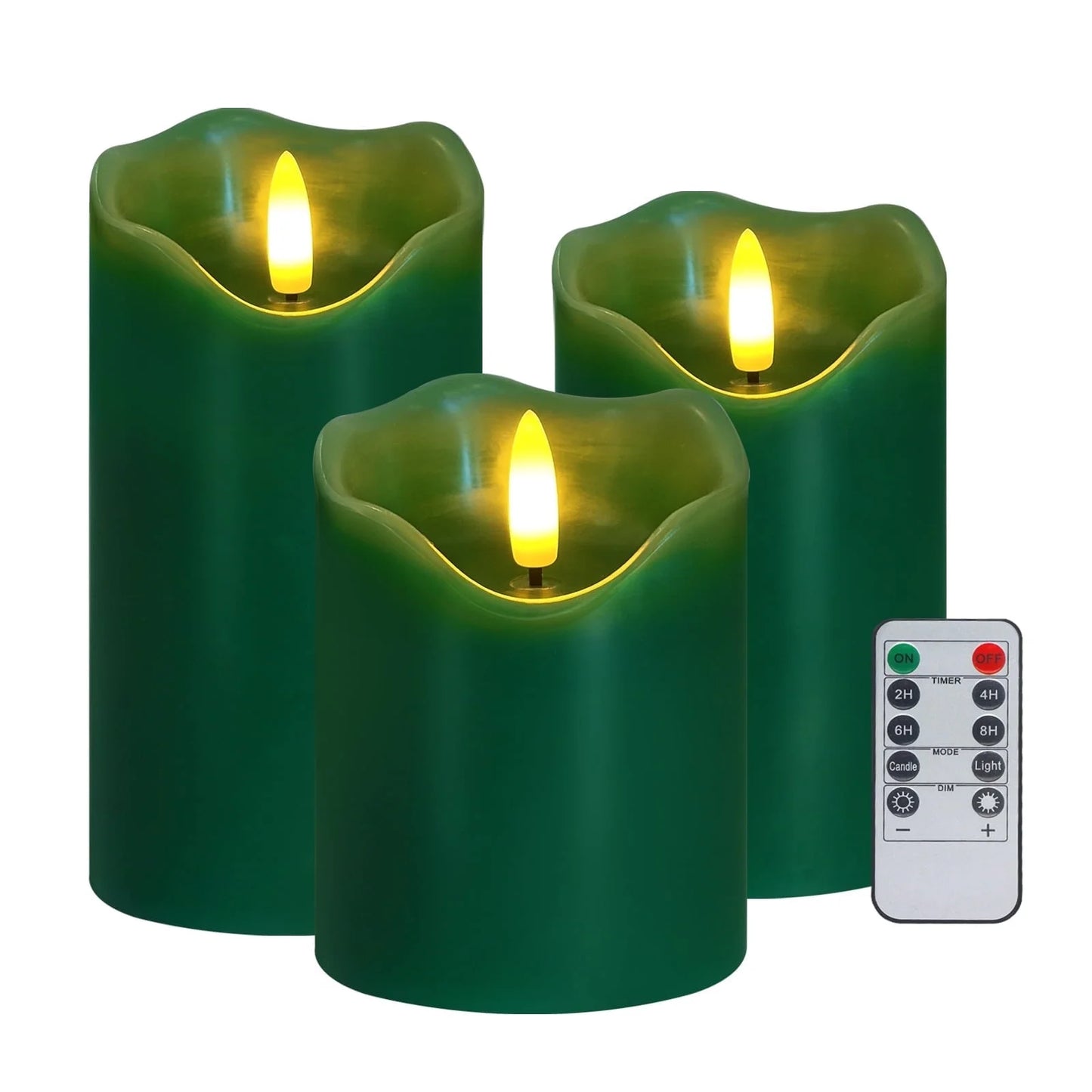 Flameless Candles Lights, Set of 3 Green Flickering LED Candles with Remote & Timer, Dimmable LED Pillar Candles Battery Operated, Electric Candles for Halloween Thanksgiving Christmas Decor