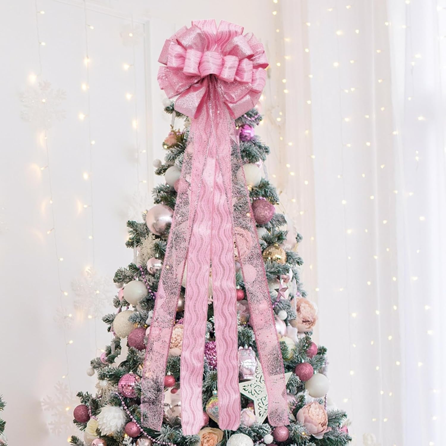 Christmas Tree Topper, 32X12 Inches Large Toppers Bow with Glitter Satin Mesh Streamer, Pink Christmas Tree Topper for Christmas Home Decoration (Pink),Circle Tree Topper