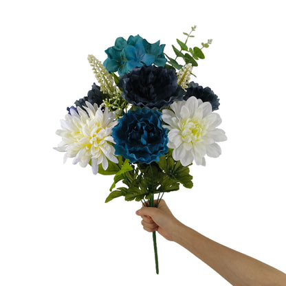 21.5 Inch Artificial Flower Hydrangea Peony Bouquet, Navy Cream Color. Indoor Use.