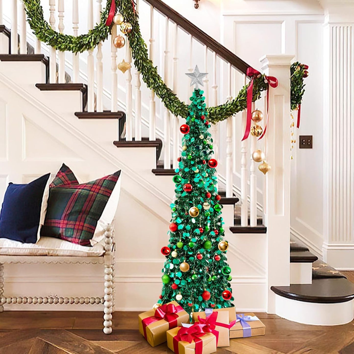 Pop up Christmas Tree with Lights, Collapsible Tinsel Xmas Tree Decorations, Pencil Christmas Tree Skinny Tree for Holiday Xmas Home Office Decor, 30 Balls, 5Ft, Peacock Blue