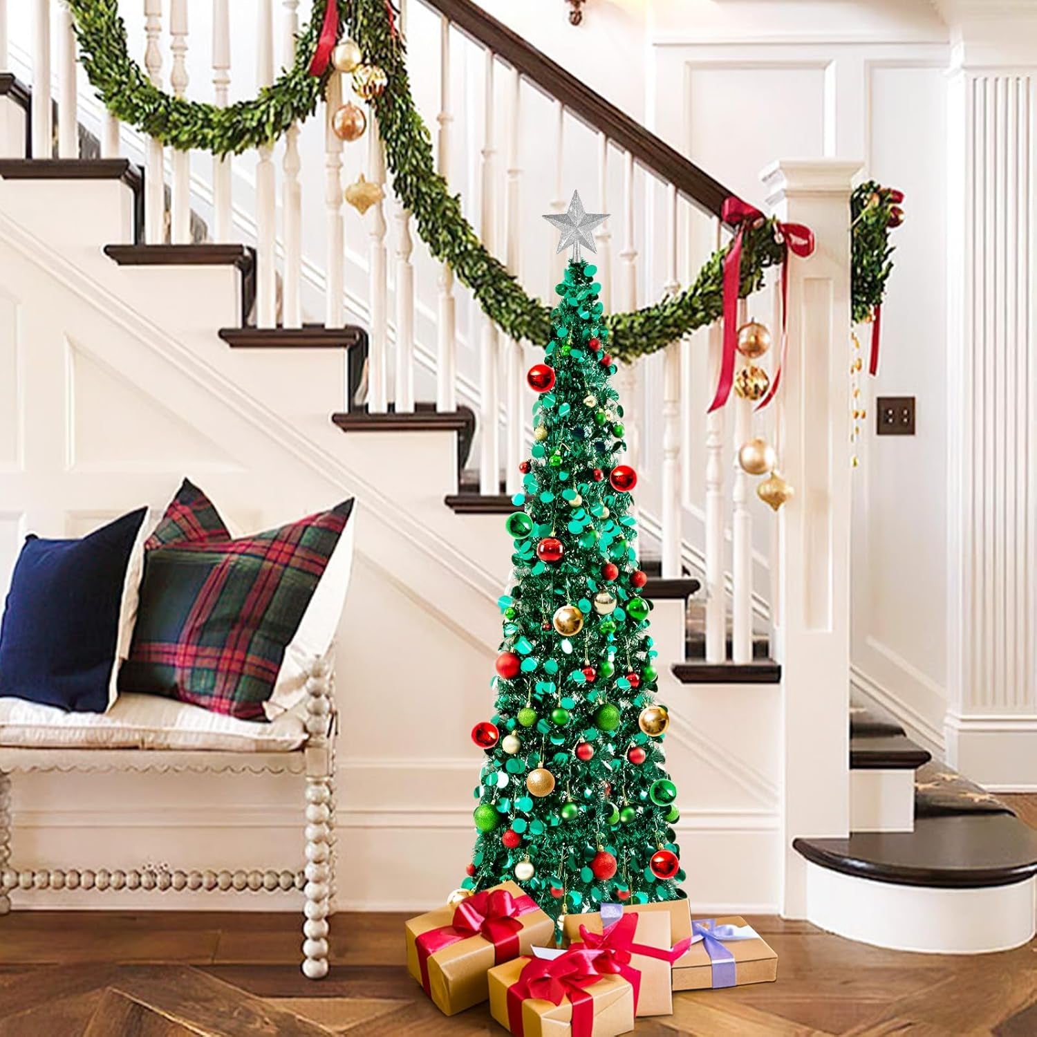 Pop up Christmas Tree with Lights, Collapsible Tinsel Xmas Tree Decorations, Pencil Christmas Tree Skinny Tree for Holiday Xmas Home Office Decor, 30 Balls, 5Ft, Peacock Blue