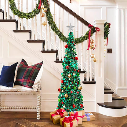 Pop up Christmas Tree with Lights, Collapsible Tinsel Xmas Tree Decorations, Pencil Christmas Tree Skinny Tree for Holiday Xmas Home Office Decor, 30 Balls, 5Ft, Peacock Blue