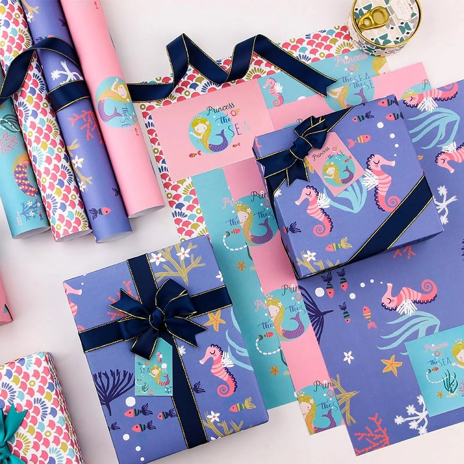 Mermaid Seahorse Seashell Gift Wrapping Paper, 12 Pack (20"X29")