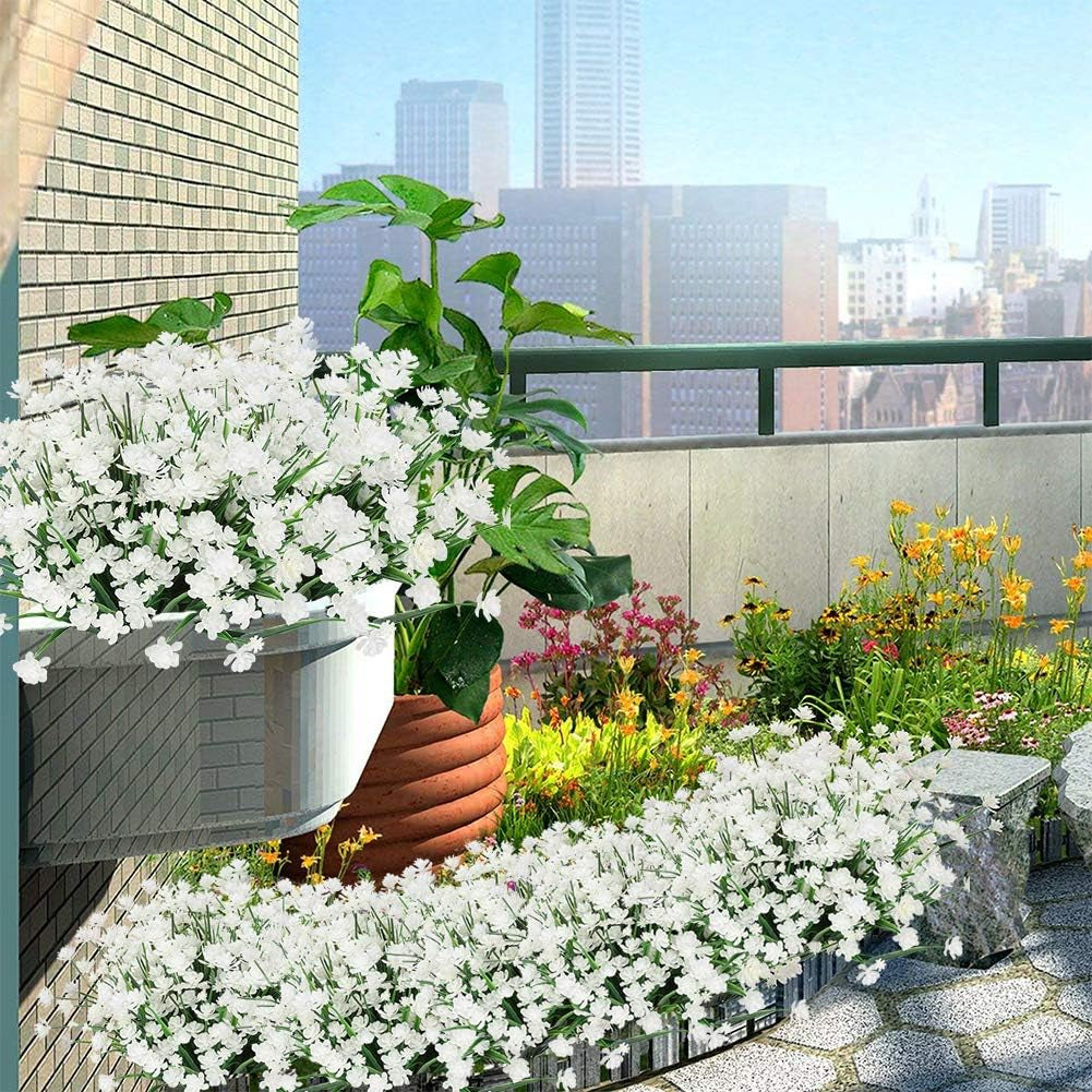 20 Bundles Outdoor Artificial Fake Flowers UV Resistant Shrubs Plants, Faux Plastic Greenery for Indoor outside Hanging Plants Garden Porch Window Box Home Wedding Farmhouse Decor (White)
