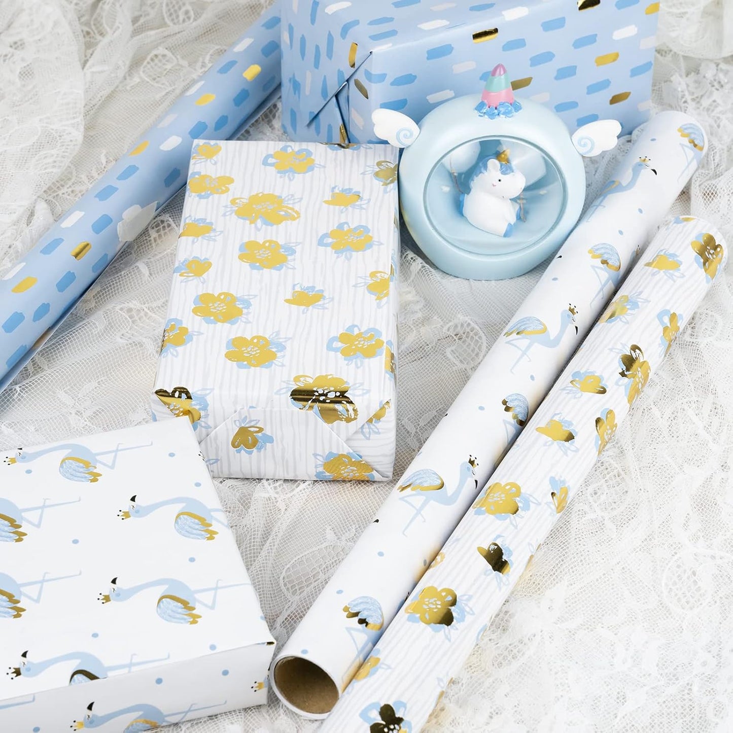 Gold Foil Wrapping Paper - Mini Roll - Flower/Flamingo/Terrazzo Print for Wedding, Bridal Shower, Birthday - 17 X 120 Inches - 3 Rolls (42.5 Sq.Ft.Ttl.)