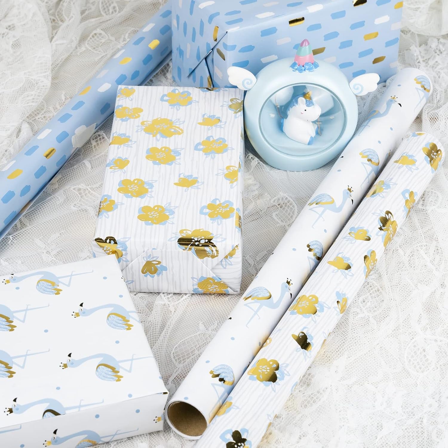 Gold Foil Wrapping Paper - Mini Roll - Flower/Flamingo/Terrazzo Print for Wedding, Bridal Shower, Birthday - 17 X 120 Inches - 3 Rolls (42.5 Sq.Ft.Ttl.)